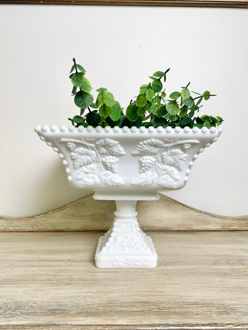 Vintage Westmoreland Grape Milk Glass Pedestal Compote Bowl Vase Cottagecore
